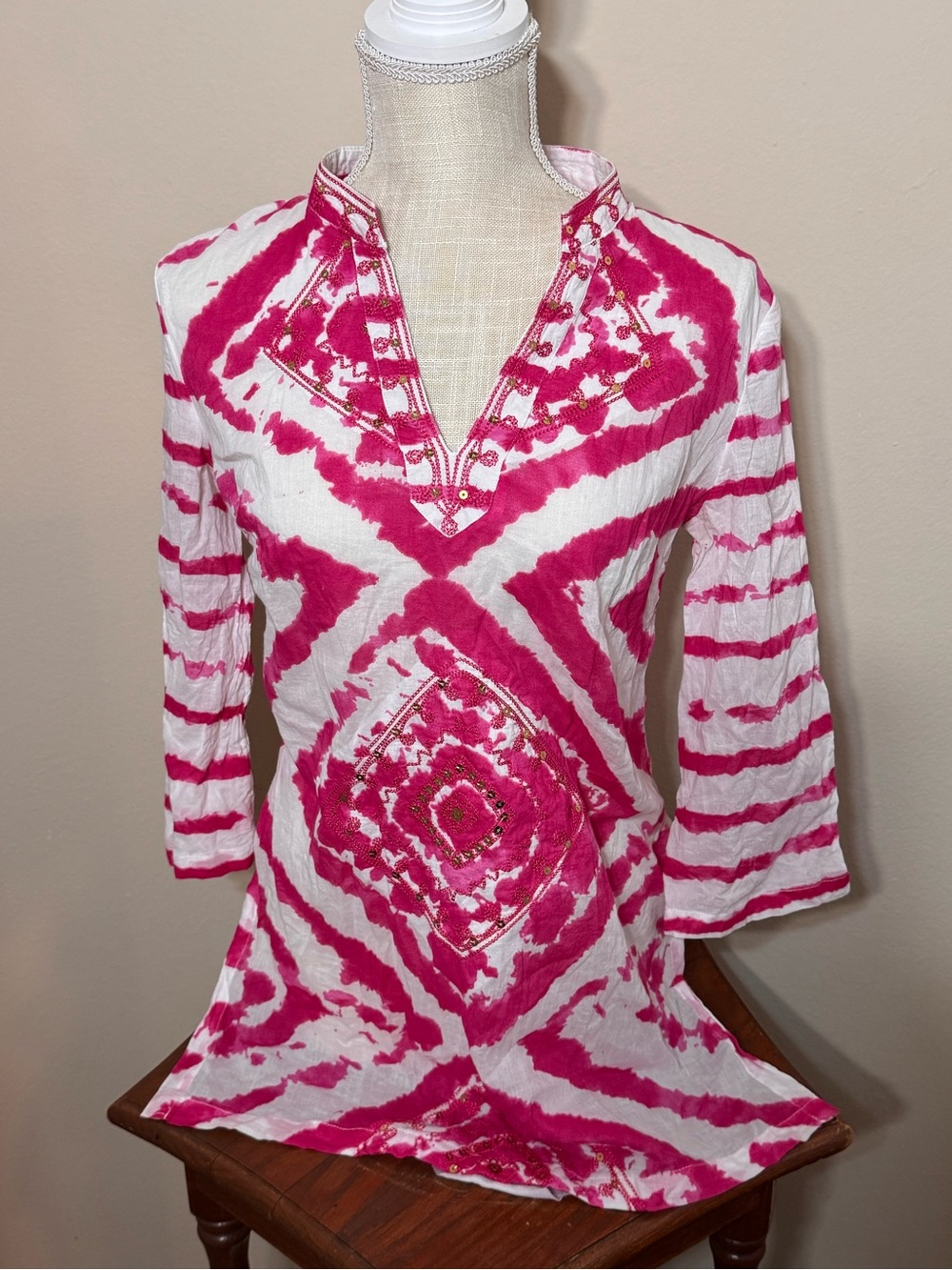 Women's Pink Tie-Dye Embroidered V-Neck Tunic INC International Concepts Kurta